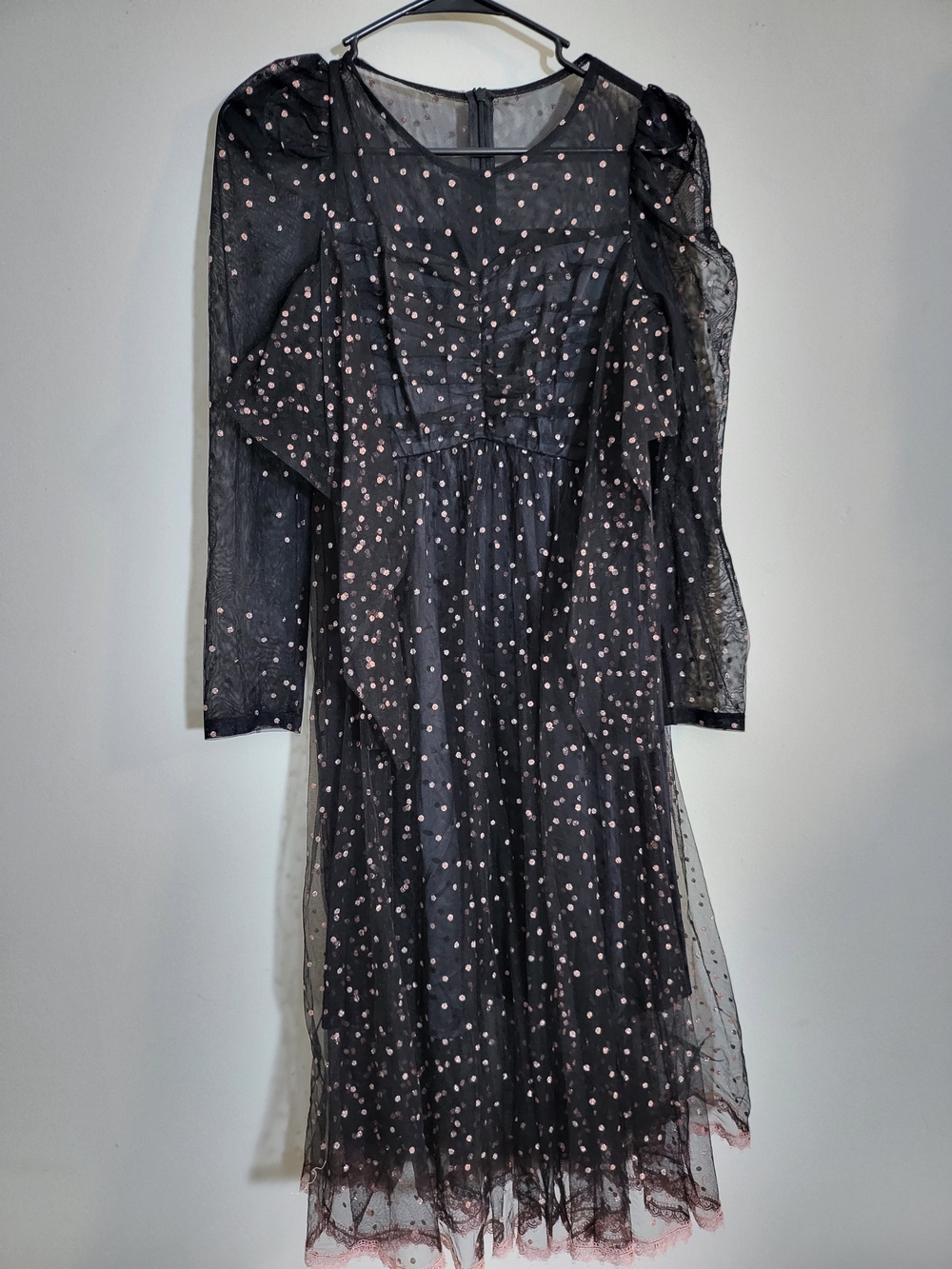 Black Sheer Polka Dot Midi Dress with Pink Accents